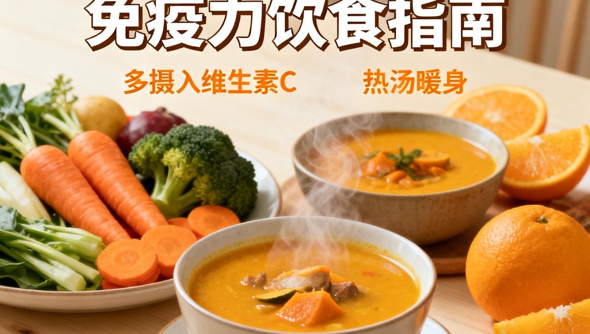 冬季增强免疫力饮食指南，画面展示色彩丰富的蔬菜水果和温热的汤品，暖色调营造温馨感