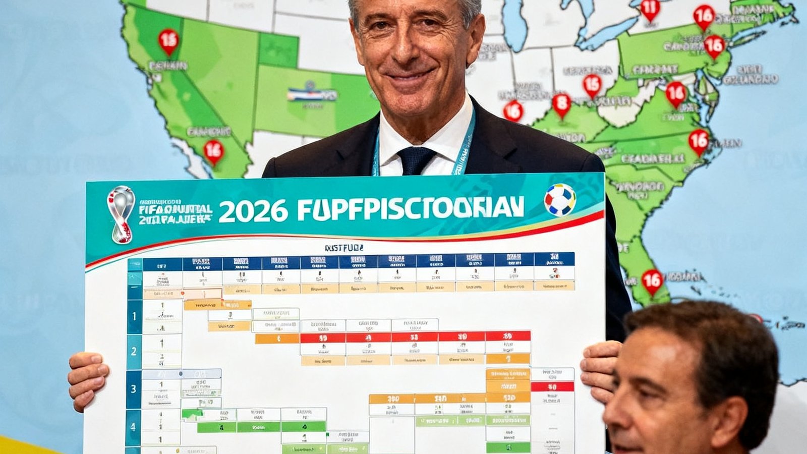 国际足联新闻发布会上官员正在展示2026世界杯赛程总览图，背景板上印有美加墨三国地图和16个主办城市标记