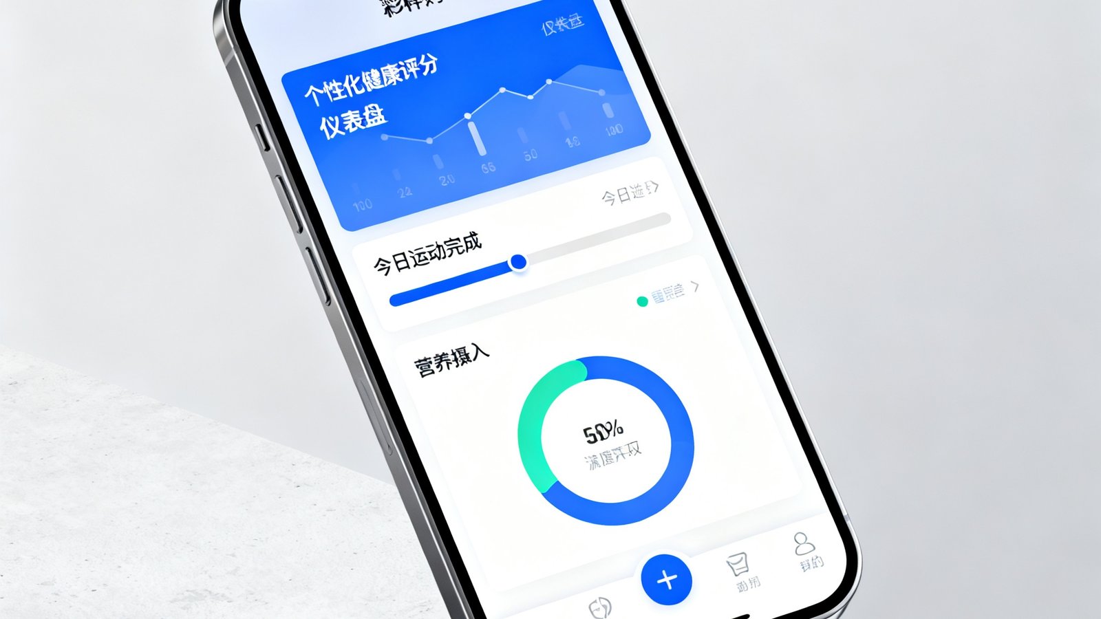 智能手机屏幕展示彩神购彩健康管理平台的主要界面，显示个性化的健康评分仪表盘、今日运动完成进度条、营养摄入环形图以及底部导航栏