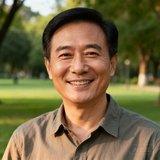 45岁男性陈建国微笑的正面半身照，穿着休闲衬衫，背景是公园绿地，展现健康改善后的自信神态